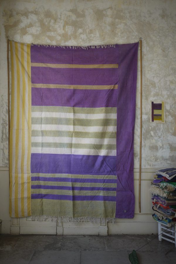 myriam_balay_tissage_ikat_-jute-coton violet jaune écru n°83 wall hanging